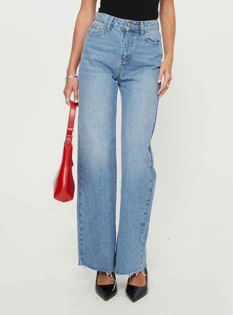 front view of model wearing Princess Polly Henesey High Rise Straight Leg Jeans Mid Wash Tall High Rise Jeans Jeans 