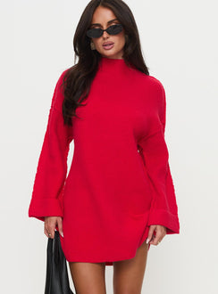 front view of model wearing Princess Polly Weslie Long Sleeve Knit Mini Dress Red High Neck 