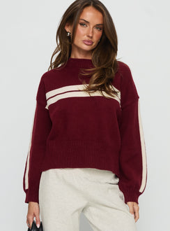 front view of model wearing Princess Polly Catherin Crew Neck Knit Sweater Red / White Cropped Jumpers Jumpers 