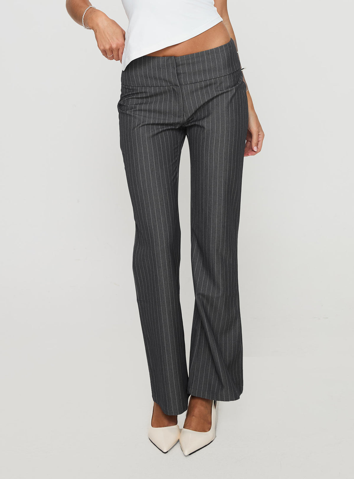 back view of model wearing Princess Polly Isabeau Pant Grey Pinstripe Low Rise Pants Pants 