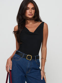 front view of model wearing Princess Polly Axton Cowl Neck Bodysuit Black Sleeveless Bodysuit 