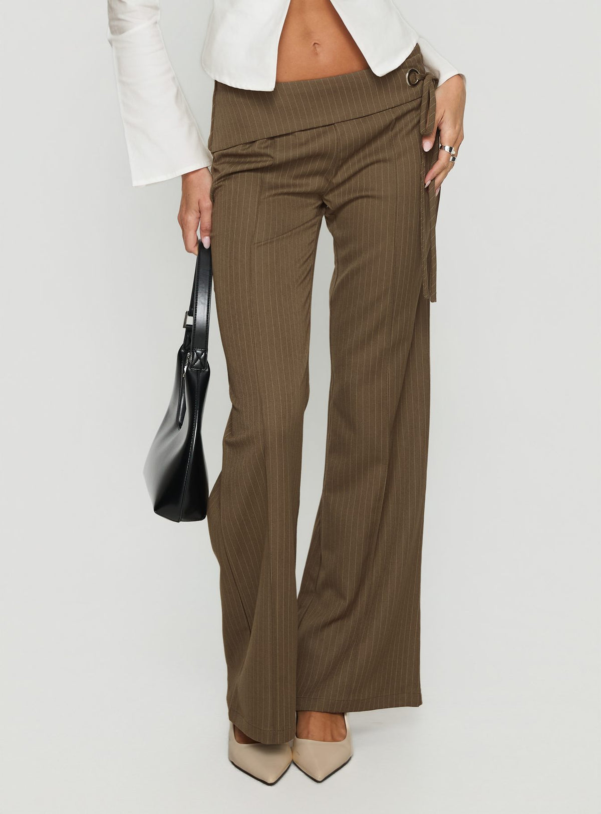 front view of model wearing Princess Polly Cedrina Eyelet Fitted Suit Pants Green Pinstripe Low Rise Pants Pants 