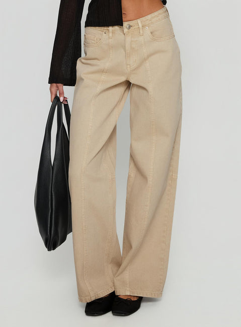 side view of model wearing Princess Polly Lando Low Rise Straight Leg Jeans Tan Mid Rise Jeans Jeans 