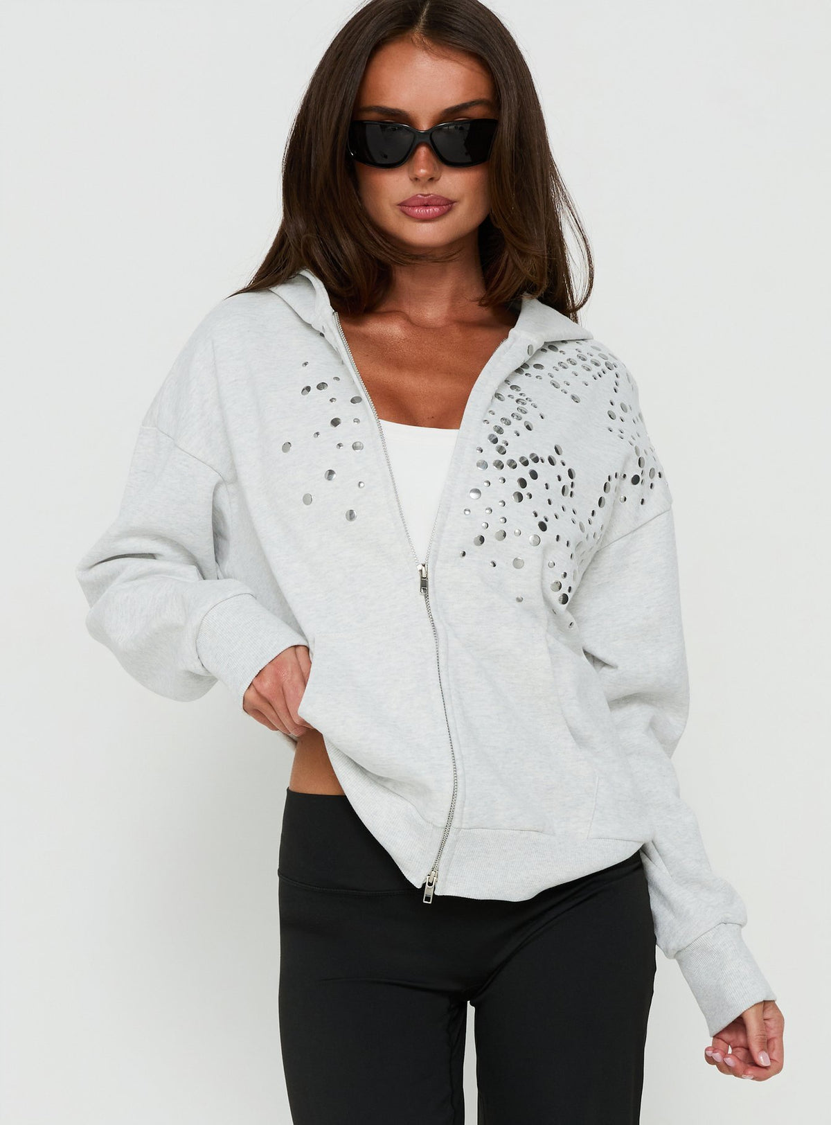 Featuring the All Day Studded Oversized Hoodie Grey Marle in womens-jumpers with short length detail view of model wearing Princess Polly