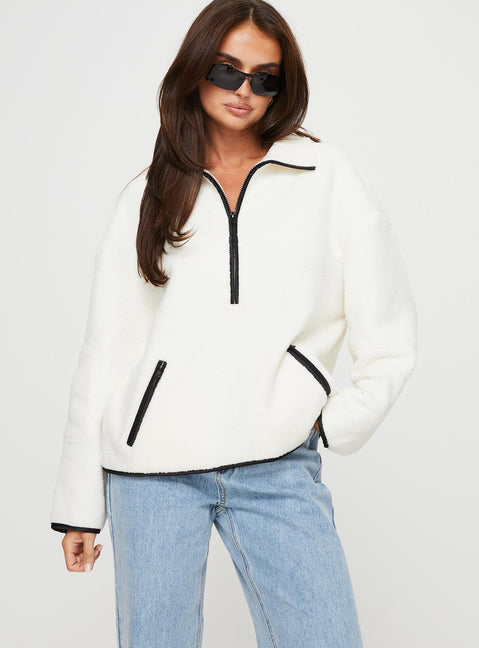 front view of model wearing Princess Polly Samuel Polar Fleece Sweater Cream Jumpers 