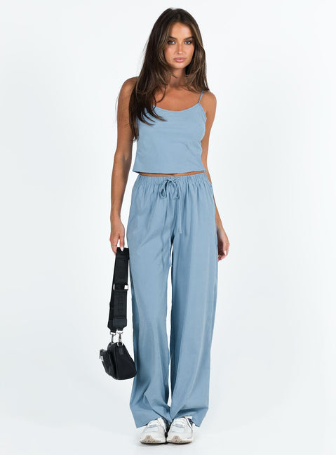 Two piece set Cupro material Adjustable shoulder straps on top Wide leg pants Elasticated waistband with tie fastening