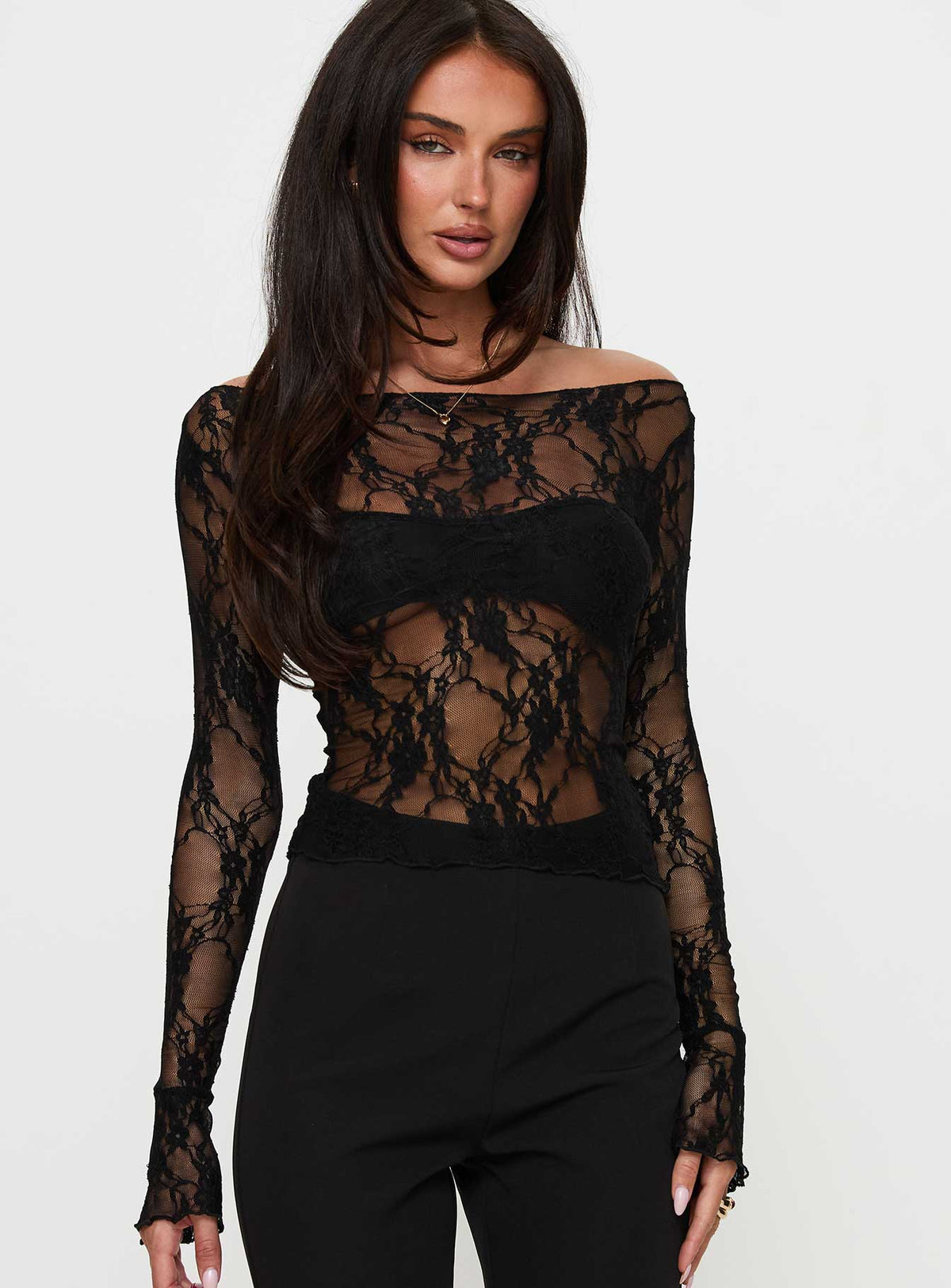 front view of model wearing Princess Polly Junah Sheer Lace Long Sleeve Top Black Full Sleeves Boat Neck 