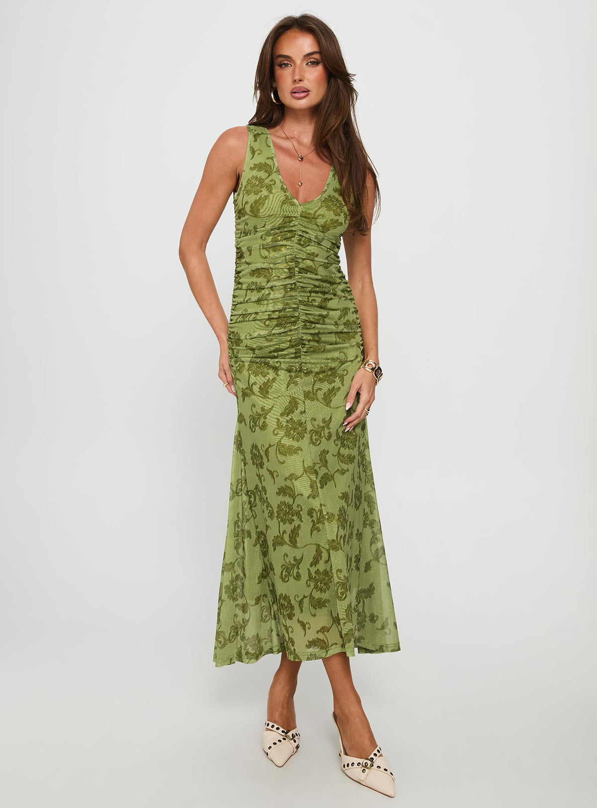 Stefanya Gathered Maxi Dress Green Floral