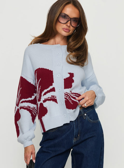 front view of model wearing Princess Polly Jalenn Floral Knit Cardigan Blue / Red Cropped Jumpers Jumpers 
