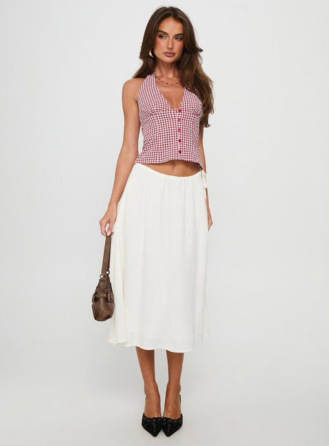   front view of model wearing Princess Polly Persuasion Tie Side Midi Skirt White Midi Skirts Skirts 