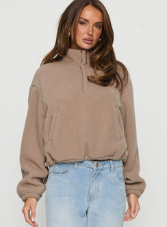 front view of model wearing Princess Polly Icy Days Fleece Quarter Zip Jumper Light Brown Cropped Jumpers Jumpers 