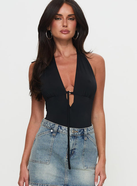 front view of model wearing Princess Polly Two Summers Plunge Neck Bodysuit Black Sleeveless Bodysuit 