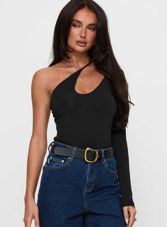front view of model wearing Princess Polly Play Pretend One Sleeve Bodysuit Black Long Sleeve Tops Bodysuit 