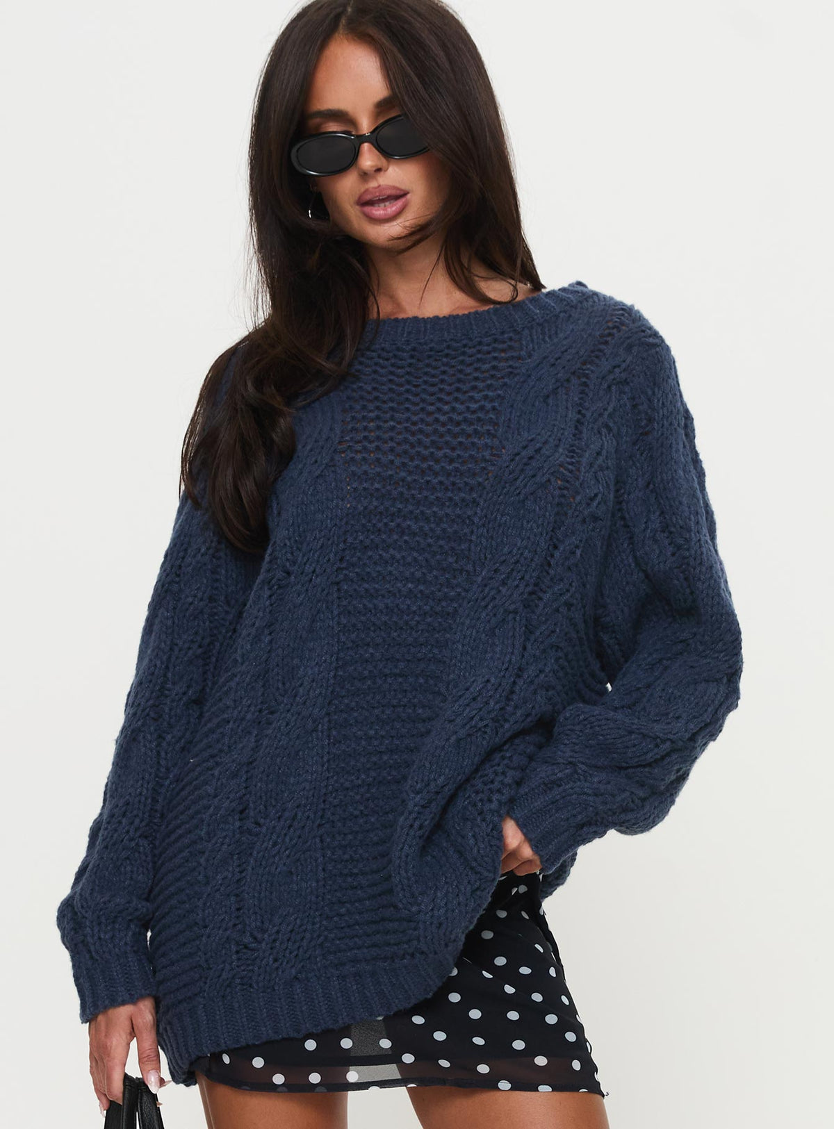 side view of model wearing Princess Polly Gabrieal Knit Sweater Navy Longline Jumpers Jumpers 