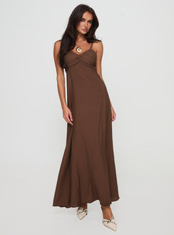 front view of model wearing Princess Polly Neeka Maxi Dress Brown V-Neck 