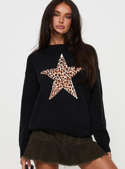 front view of model wearing Princess Polly Run The Party Knit Sweater Black Jumpers 