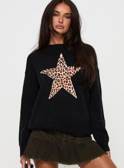 front view of model wearing Princess Polly Run The Party Knit Sweater Black Jumpers 