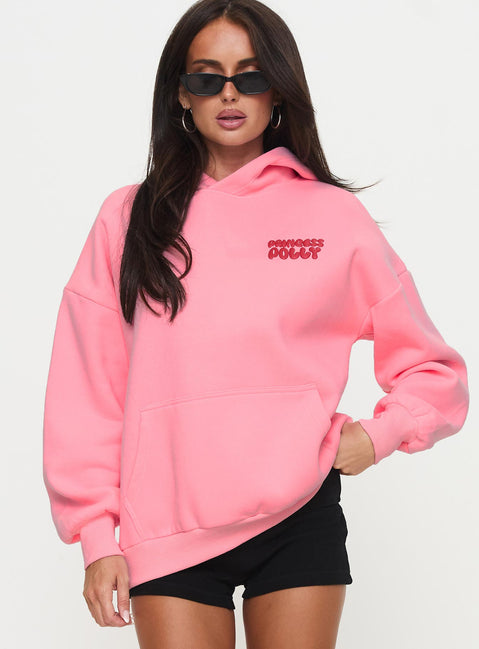 front view of model wearing Princess Polly Princess Polly Hooded Sweatshirt Bubble Text Pink / Red Longline Jumpers Jumpers 