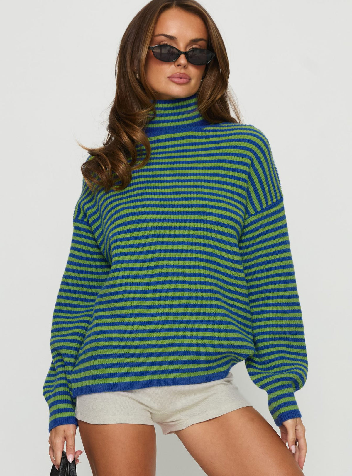 front view of model wearing Princess Polly Lancelot Turtle Neck Oversized Jumper Green Stripe Longline Jumpers Jumpers 