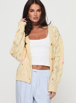 back view of model wearing Princess Polly Daffodil Cardigan Cream Cropped Jumpers Jumpers 
