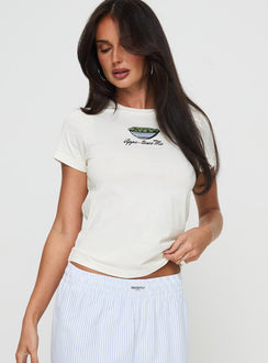 front view of model wearing Princess Polly Tease Me Top Cream Short Sleeves Crew Neck 