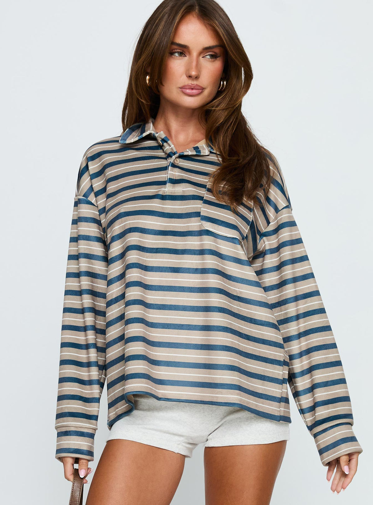 Featuring the Mystris Collared Jumper Khaki Stripe womens-jumpers with long oversized fit detail view of model wearing Princess Polly