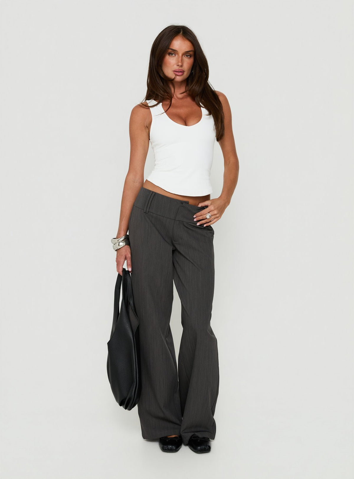 Klarika Lace Up Pants Charcoal womens-regular-pants with high-rise front view of model wearing Princess Polly