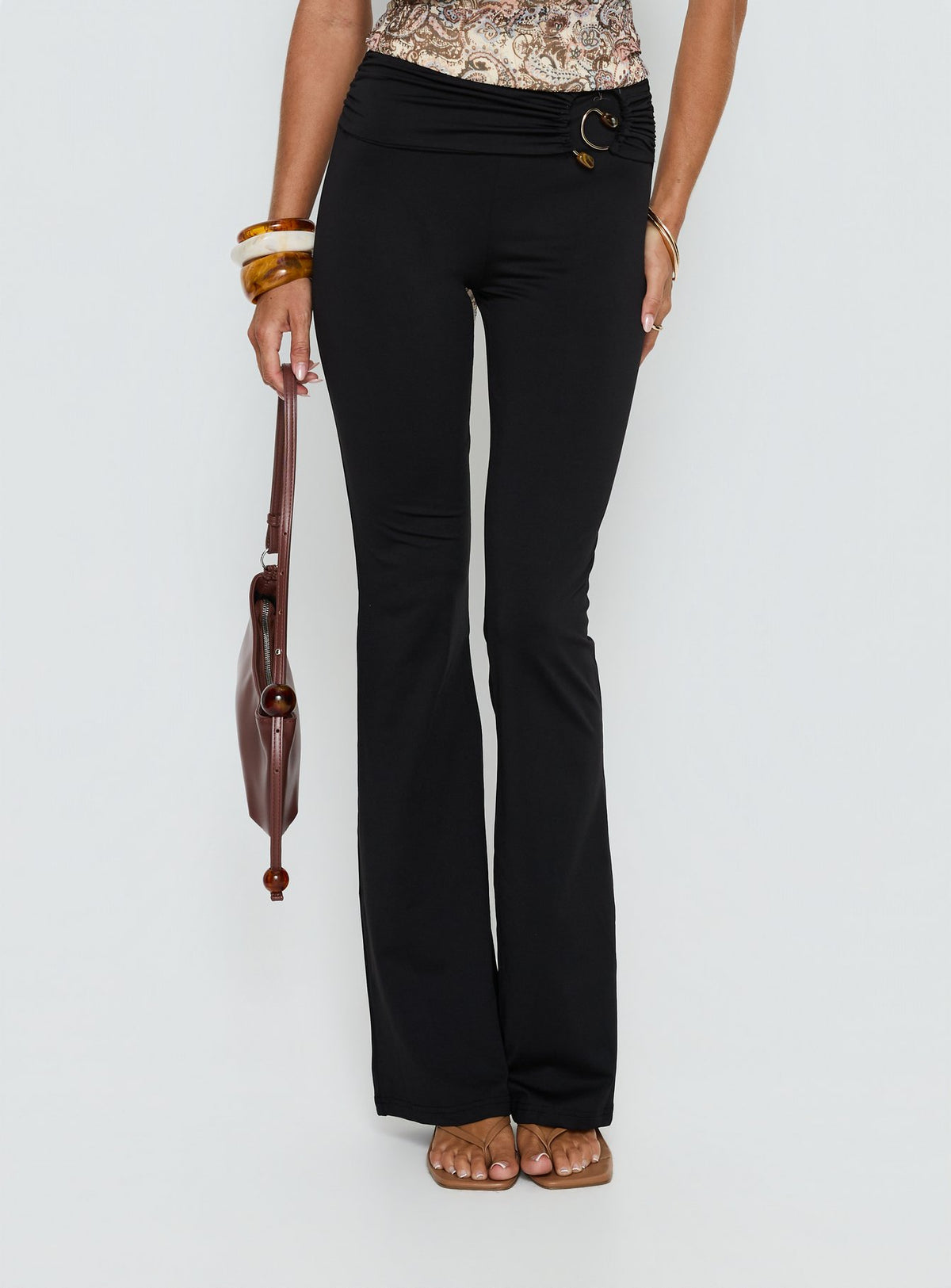 front view of model wearing Princess Polly Kataliah Foldover Flare Pants Black Mid Rise Pants Pants 