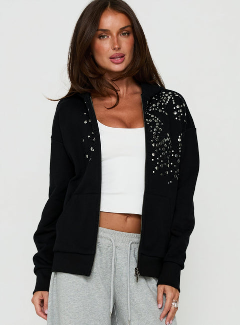 Featuring the All Day Studded Oversized Hoodie Black womens-jumpers in short length front view of model wearing Princess Polly