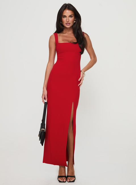 front view of model wearing Princess Polly Bombshell Maxi Dress Red Square Neck 
