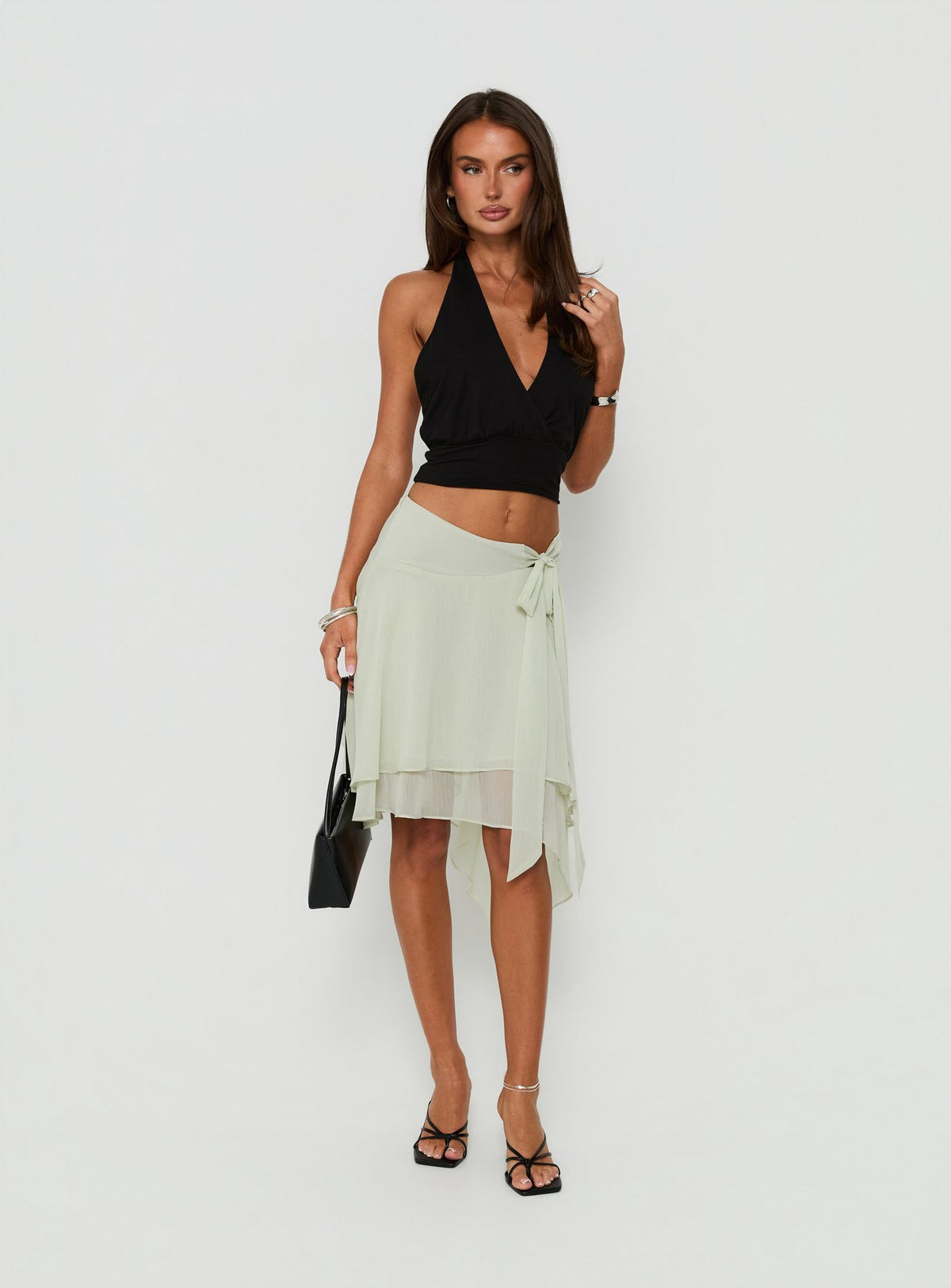 Showcasing the Ophella Tie Waist Chiffon Midi Skirt Sage in womens-skirts front view of model wearing Princess Polly