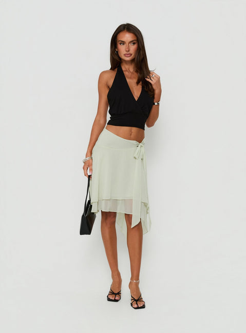 Showcasing the Ophella Tie Waist Chiffon Midi Skirt Sage in womens-skirts front view of model wearing Princess Polly