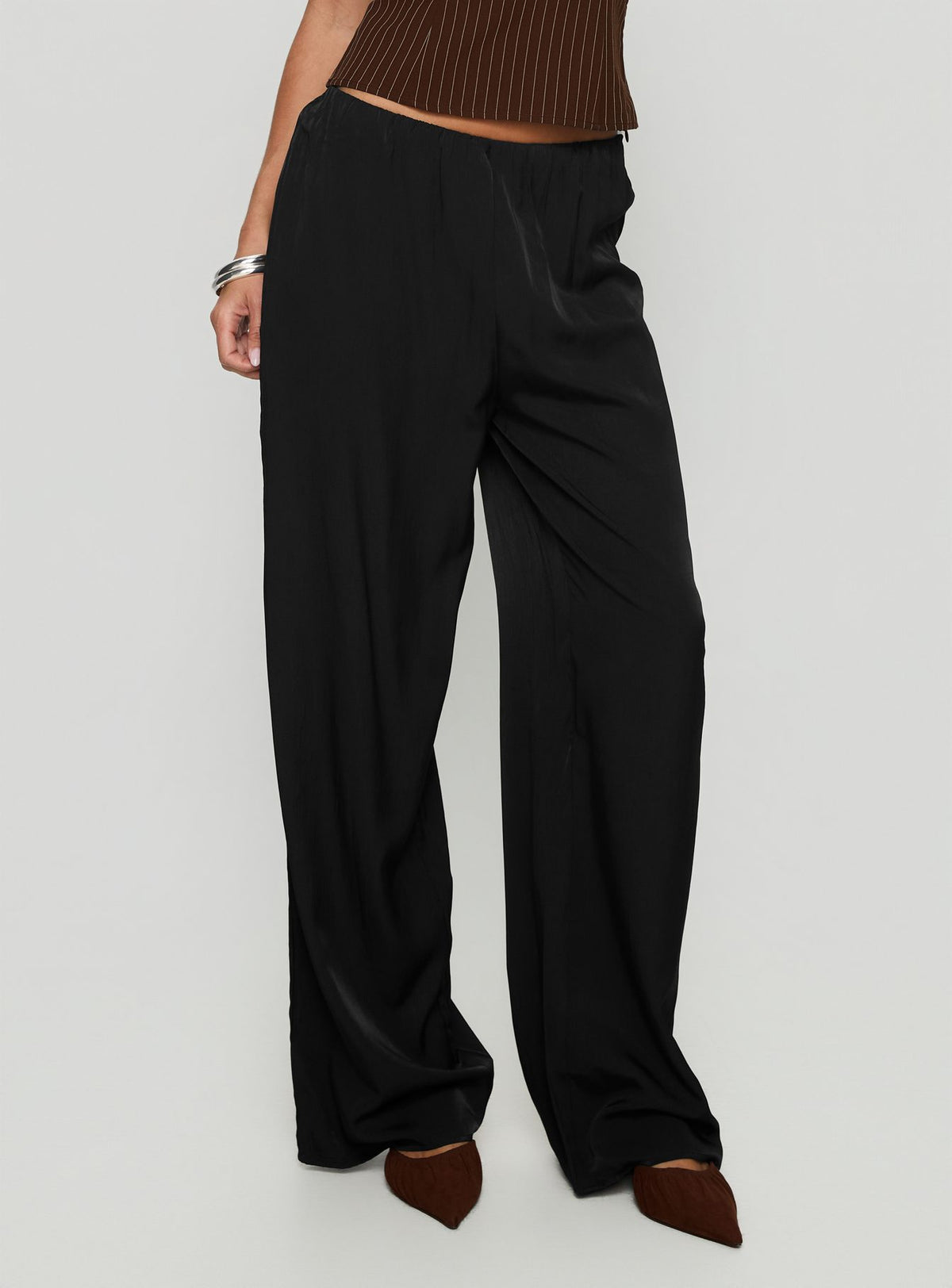 back view of model wearing Princess Polly Breina Satin Straight Leg Pants Black High Rise Pants Pants 