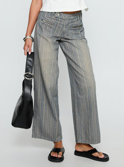 front view of model wearing Princess Polly Lifetimes Mid Rise Wide Leg Cargo Jeans Dark Blue Stripe Mid Rise Jeans Jeans 
