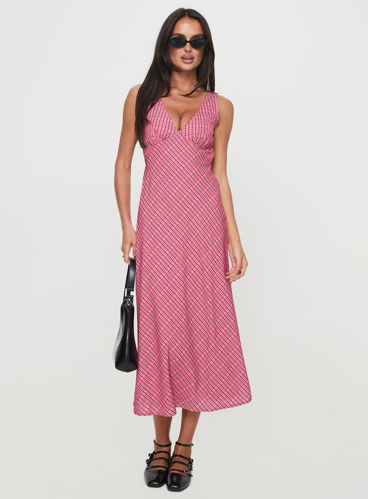 front view of model wearing Princess Polly Nellie Midi Dress Pink Check Plunger 