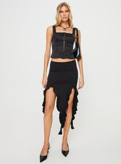 Front view of model wearing  front Peachey Asymmetric Ruffle Midi Skirt Black Princess Polly  Mini Skirts 