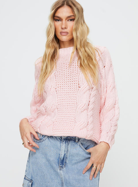front view of model wearing Princess Polly Ellison Cable Knit Sweater Blush Pink Longline Jumpers Jumpers 