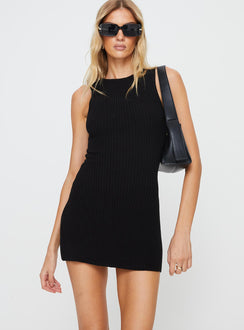 back view of model wearing Princess Polly Osment Knit Mini Dress Black Tall Crew Neck 