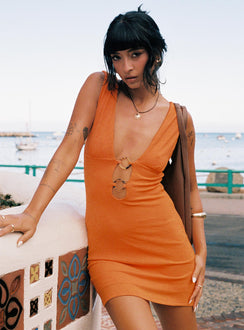 front view of model wearing Princess Polly Steward Mini Dress Orange Plunger 
