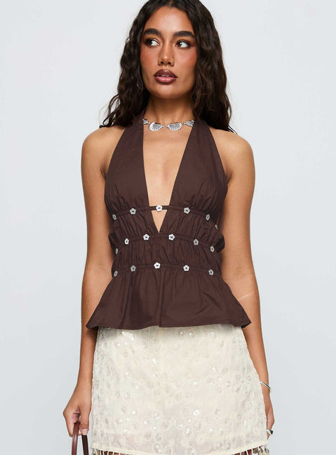 side view of model wearing Princess Polly Movies End Halter Top Brown Sleeveless Plunger 