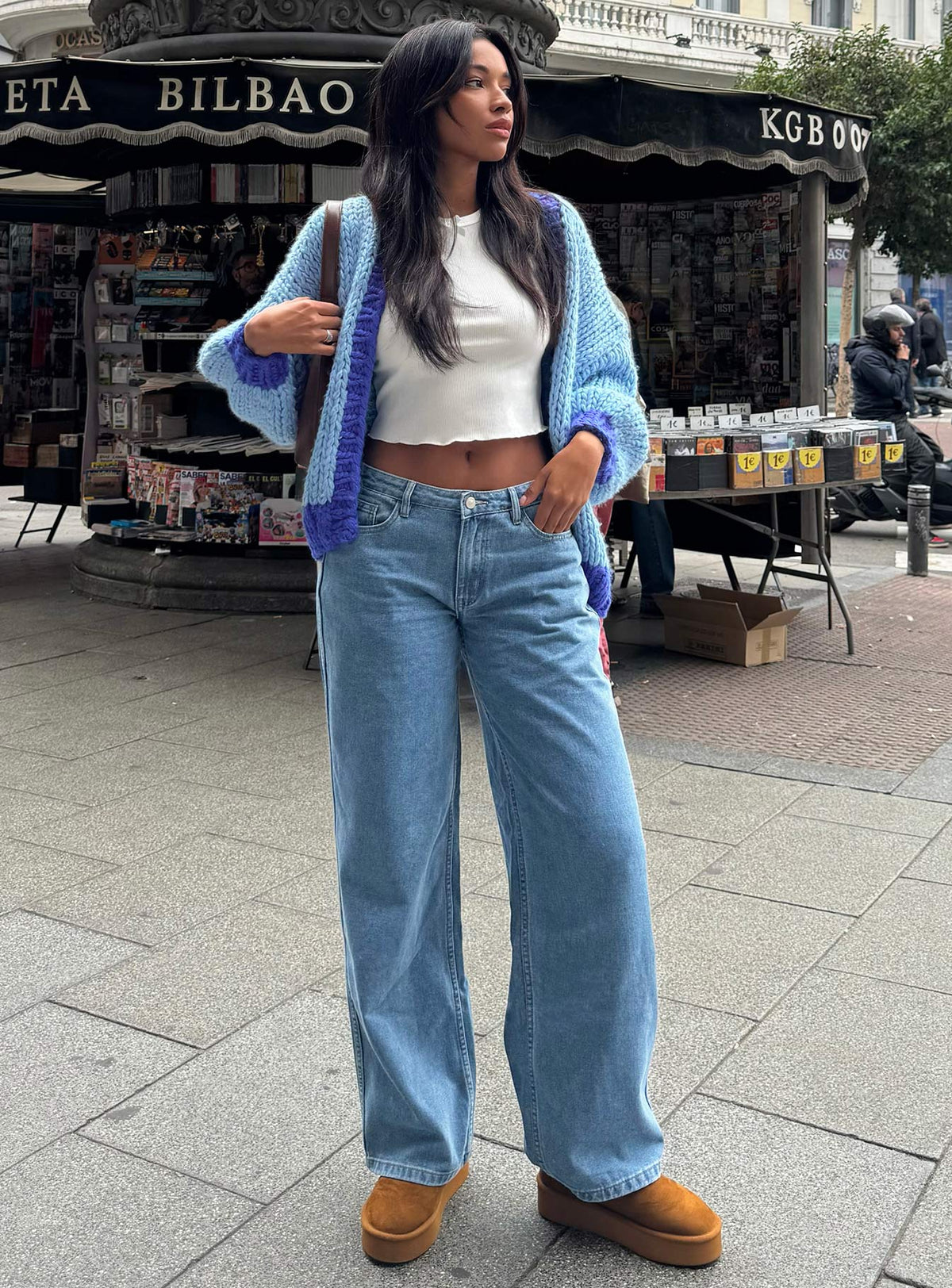 front view of model wearing Princess Polly Maryanne Mid Rise Relaxed Jeans Mid Wash Denim Tall Mid Rise Jeans Jeans 