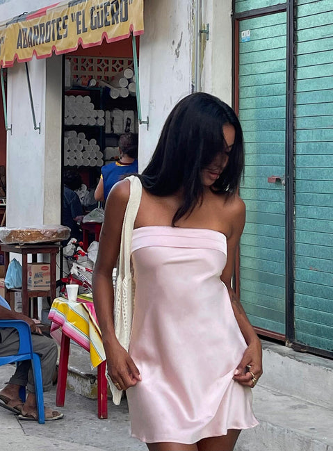 front view of model wearing Princess Polly Phillipa Mini Dress Pink Petite Straight Neck 