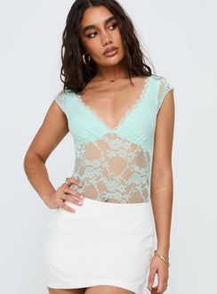 front view of model wearing Princess Polly Tantalize Bodysuit Blue Short Sleeve Bodysuit 