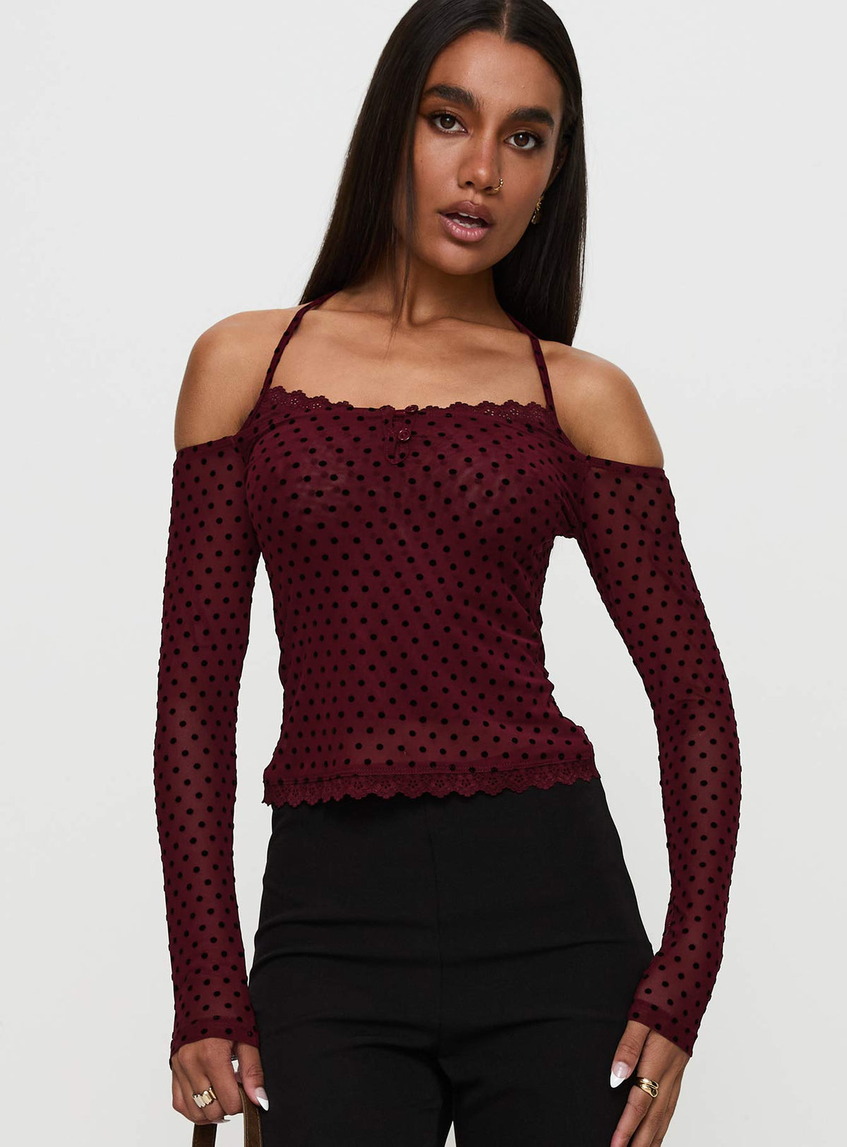 front view of model wearing Princess Polly On My Side Off Shoulder Tie Neck Top Burgundy Full Sleeves straight 