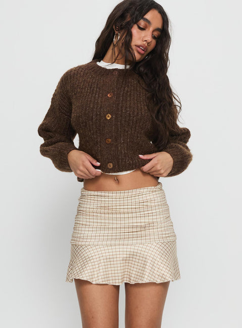   front view of model wearing Princess Polly Celebrations Mini Skirt Beige Check Mini Skirts Skirts 