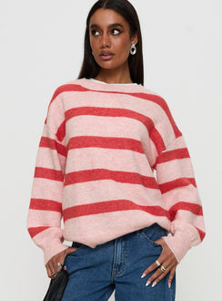 front view of model wearing Princess Polly Ryanna Sweater Pink / Red Stripe Jumpers 