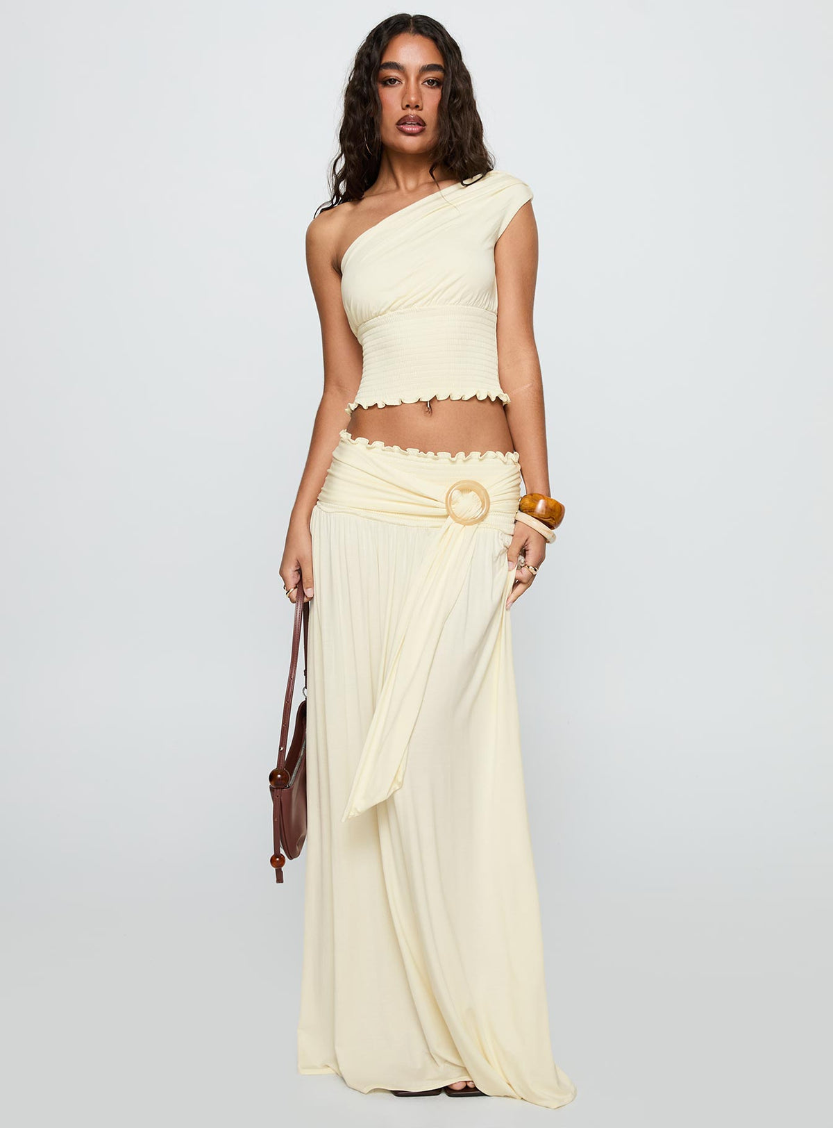   front view of model wearing Princess Polly Full Orbit Shirred Maxi Skirt Cream Maxi Skirts Skirts 