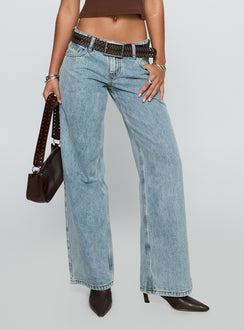 back view of model wearing Princess Polly Ellanor Low Rise Slouch Denim Jean Light Blue Low Rise Jeans 