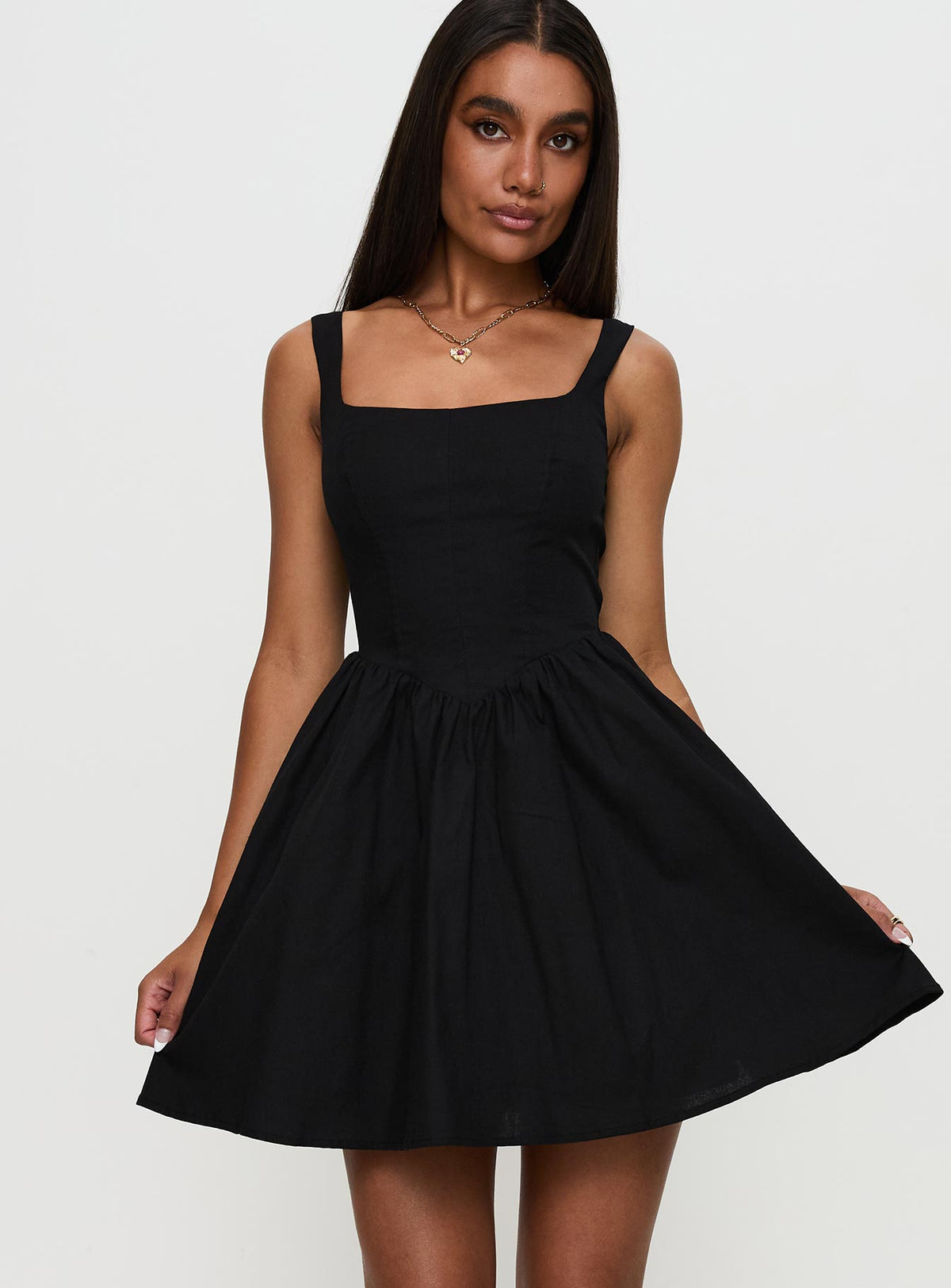 front view of model wearing Princess Polly Martie Mini Dress Black Square Neck 