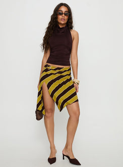   front view of model wearing Princess Polly Sherry Midi Skirt Stripe Retro Yellow Midi Skirts Skirts 